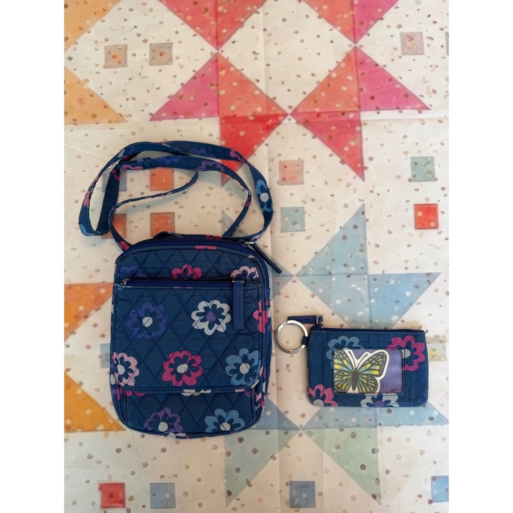 Vera Bradley Blue Floral Quilted Crossbody Bag and Matching ID Case Set